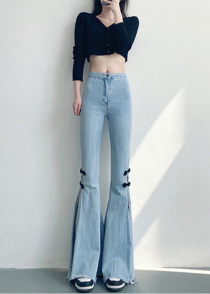DIY Light Blue Chinese Button Side Open Denim Flare Bottoms Spring YF019