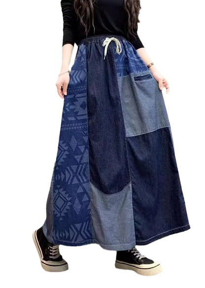 Summer Patchwork Denim Skirt DIY Asymmetrical Navy