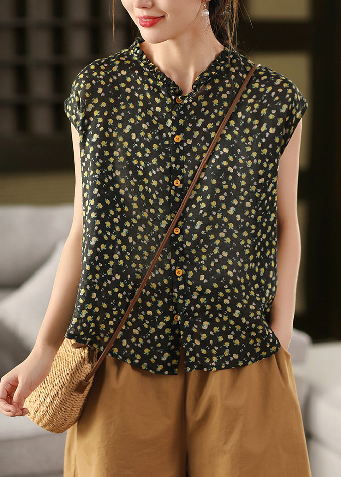 Sleeveless Ruffled Linen Print DIY Tops Pink