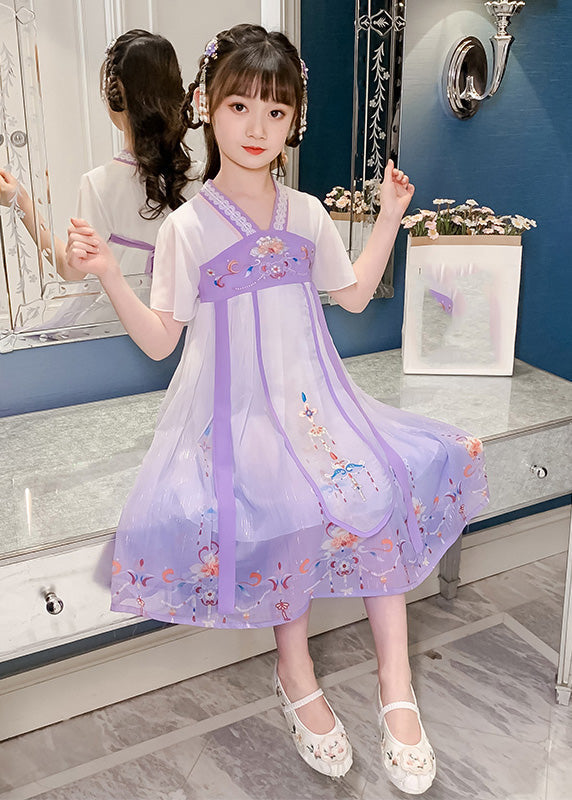 DIY Purple Embroidered Tassel Tulle Girls Long Dresses Summer GF010