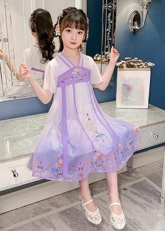 DIY Purple Embroidered Tassel Tulle Girls Long Dresses Summer GF010