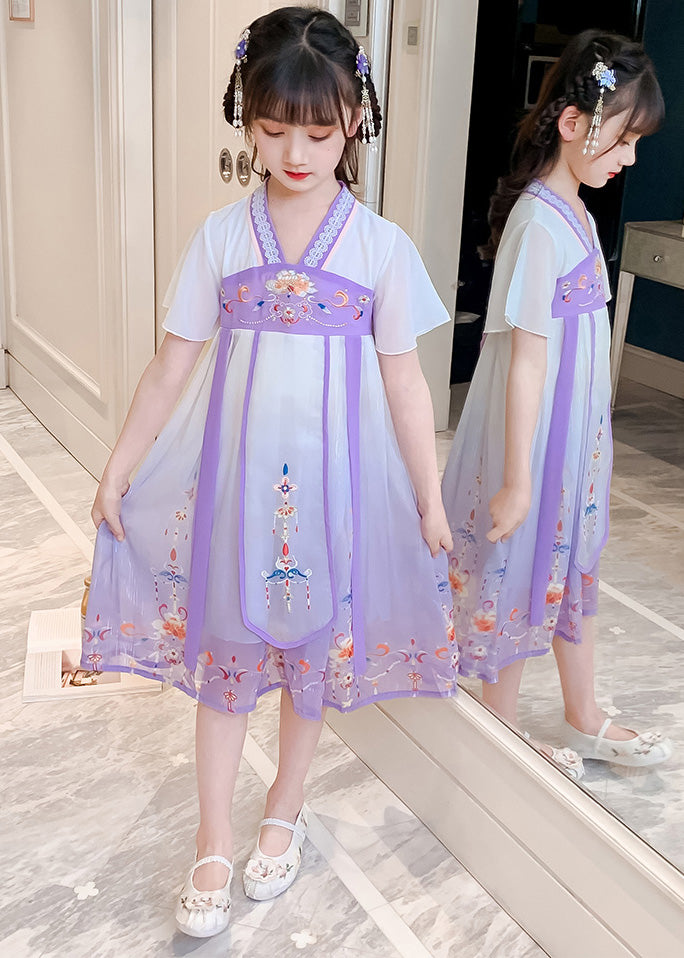 DIY Purple Embroidered Tassel Tulle Girls Long Dresses Summer GF010