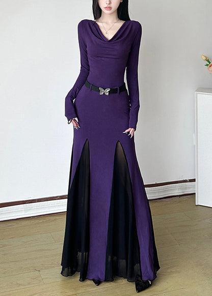 DIY Purple Turtle Neck Patchwork Cotton Party Dress Spring YP046