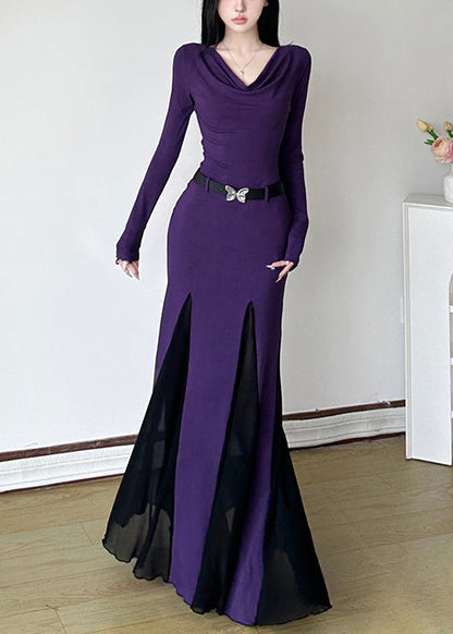 DIY Purple Turtle Neck Patchwork Cotton Party Dress Spring YP046