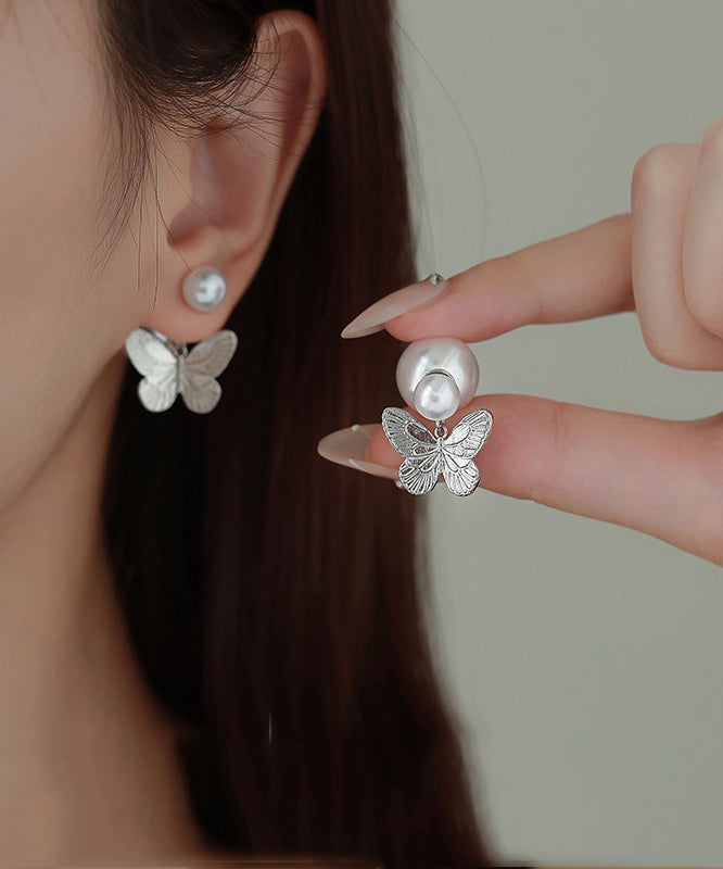 DIY Butterfly Overgild Pearl Stud Copper Earrings Silk
