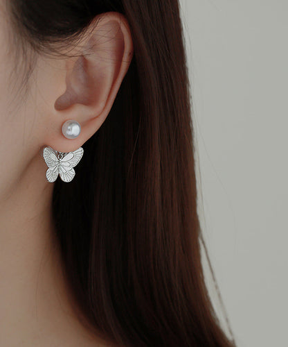 DIY Butterfly Overgild Pearl Stud Copper Earrings Silk