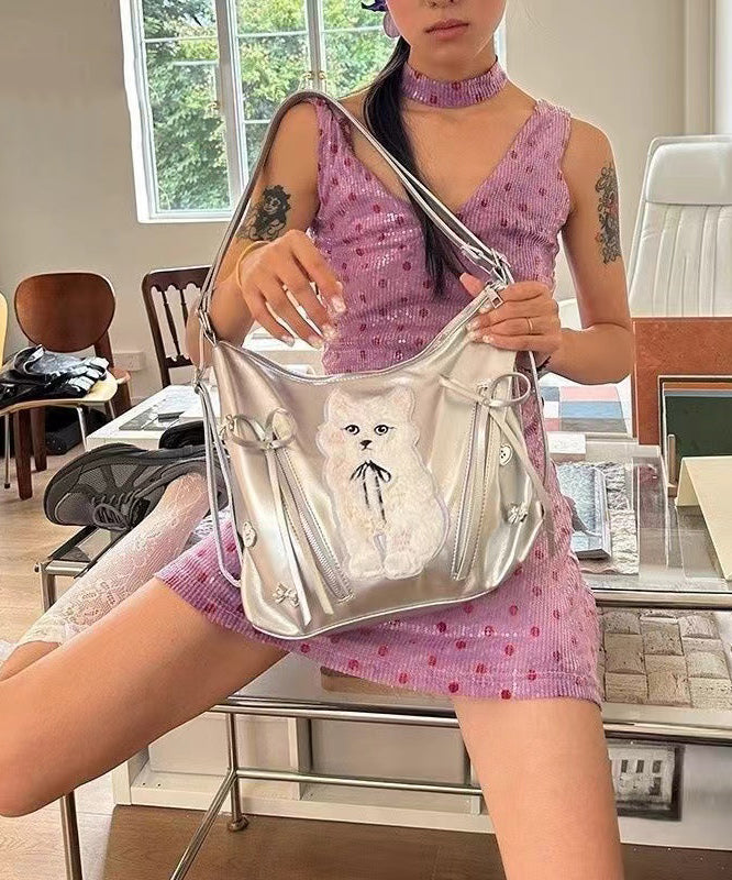 Faux White Bags Versatile Leather Cat Appliqued Shoulder DIY