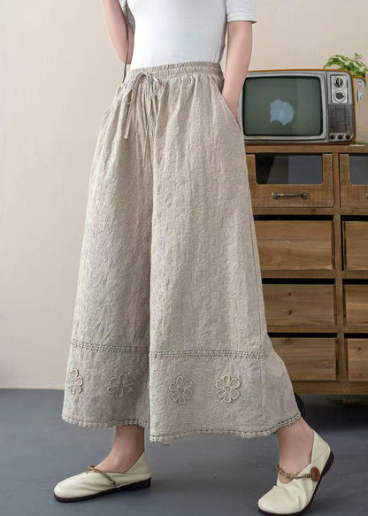 Pants Embroidered Cotton Floral Summer White Crop Trousers DIY