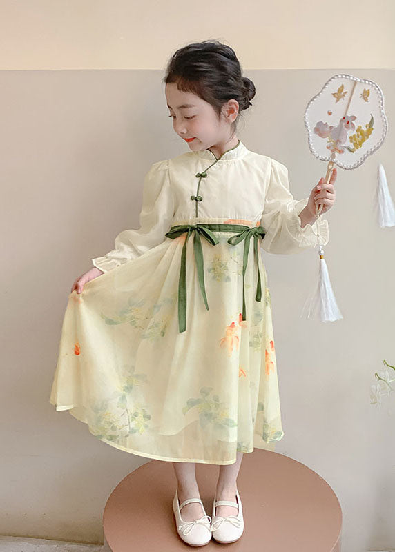 Tie Kids Waist Collar Stand Patchwork Yellow DIY Long Chiffon
