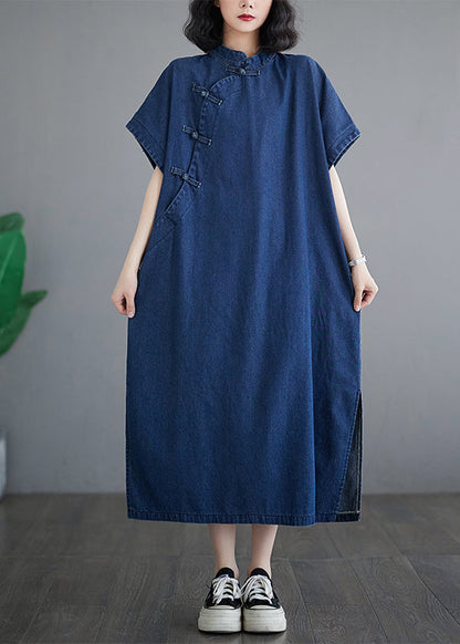 Button Dress Patchwork Denim Blue Long Summer Side Dark Open