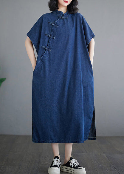 Button Dress Patchwork Denim Blue Long Summer Side Dark Open