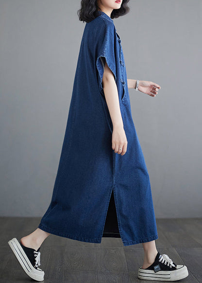 Button Dress Patchwork Denim Blue Long Summer Side Dark Open