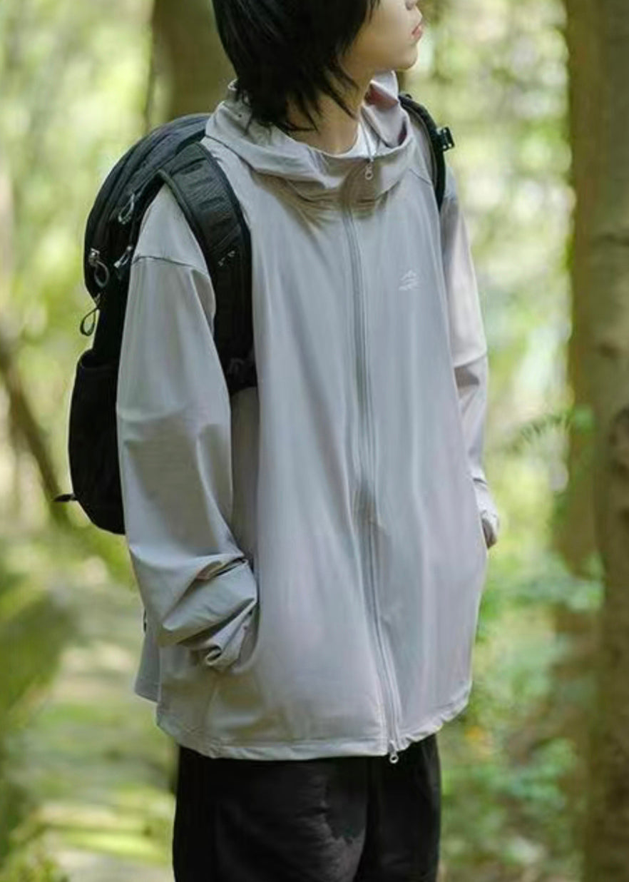 Hooded Zippered Solid Silk Ice 50+ Dark Coat Men UPF Gray