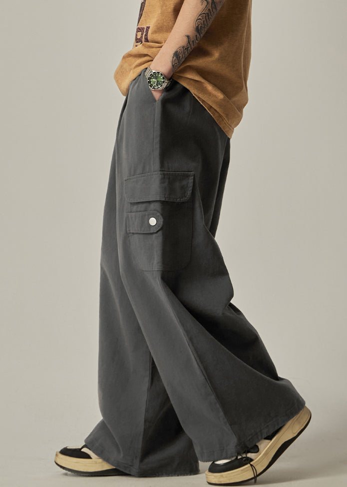 Spring Beam Elastic Waist Pants Mens Grey Cotton Pockets Dark