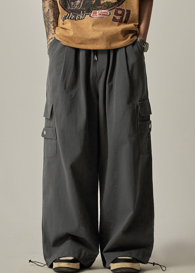 Spring Beam Elastic Waist Pants Mens Grey Cotton Pockets Dark