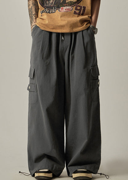 Spring Beam Elastic Waist Pants Mens Grey Cotton Pockets Dark