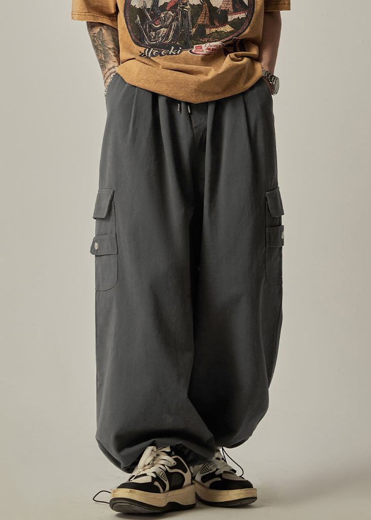 Spring Beam Elastic Waist Pants Mens Grey Cotton Pockets Dark