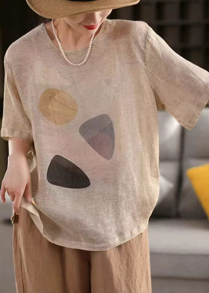 Shirt Grey Print T Linen Dark O Neck Pullover Summer