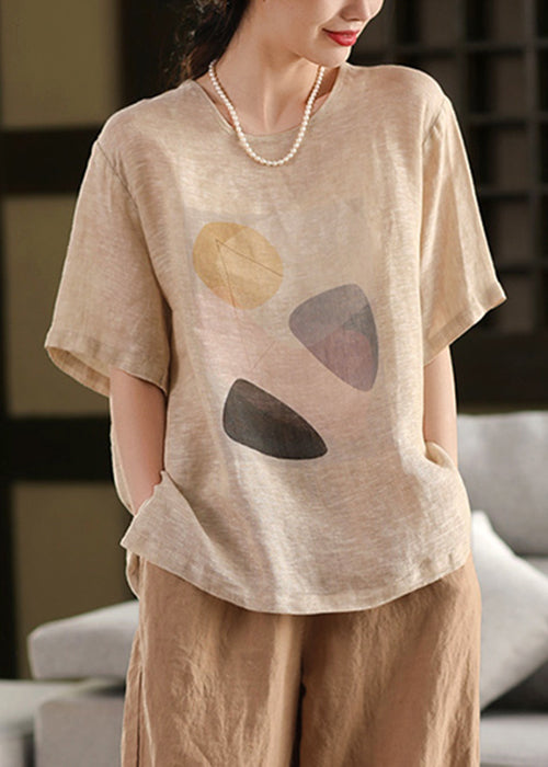 Shirt Grey Print T Linen Dark O Neck Pullover Summer
