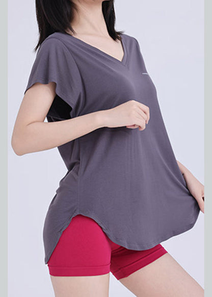 Neck Dark Wrap Solid V Top Yoga Grey