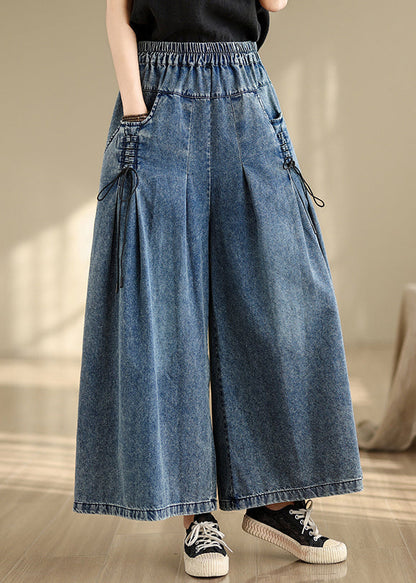Blue Summer Cross Pants Denim Wide Leg Wrinkled Strap