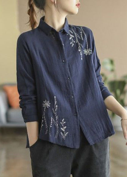 Fall Blue Button Cotton Shirts Denim Embroidered