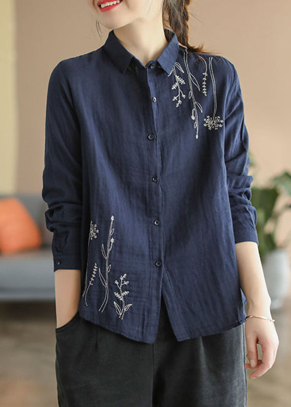 Fall Blue Button Cotton Shirts Denim Embroidered