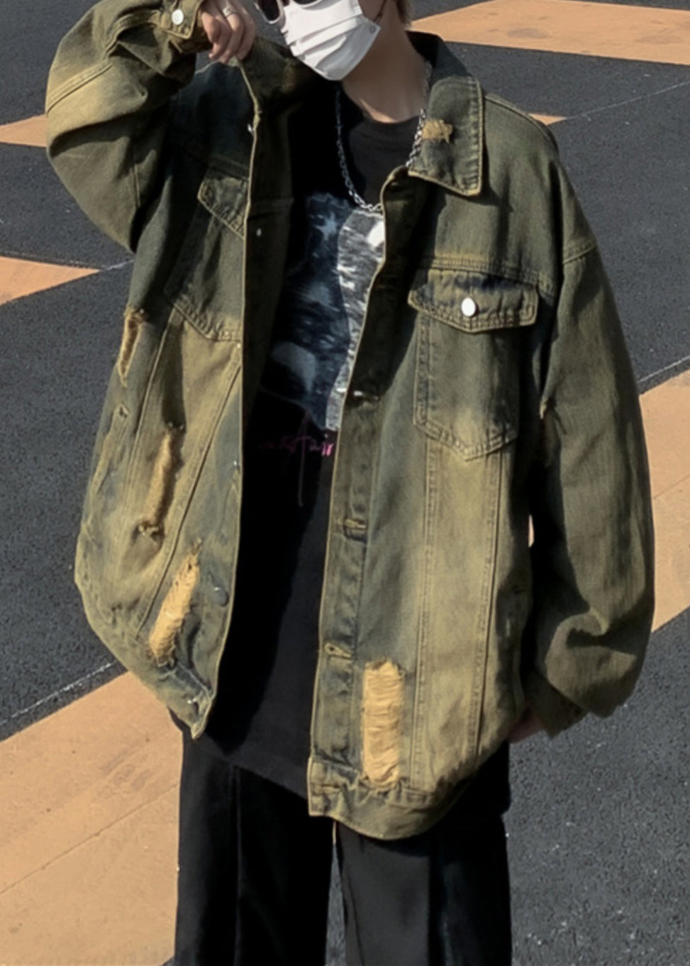 Collar Denim Pan Patchwork Hole Blue Men Peter Coat