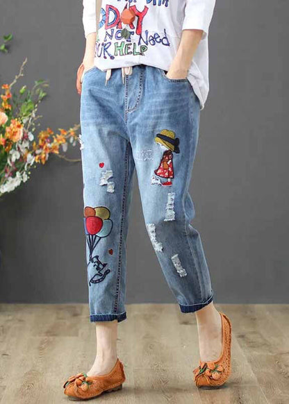 Elastic Pants Embroidered Summer Waist Denim Blue