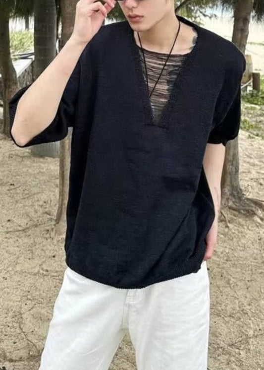 Ripped T Neck Men Cotton Summer Shirt Diy V White