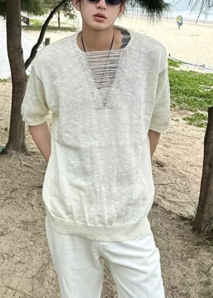 Ripped T Neck Men Cotton Summer Shirt Diy V White