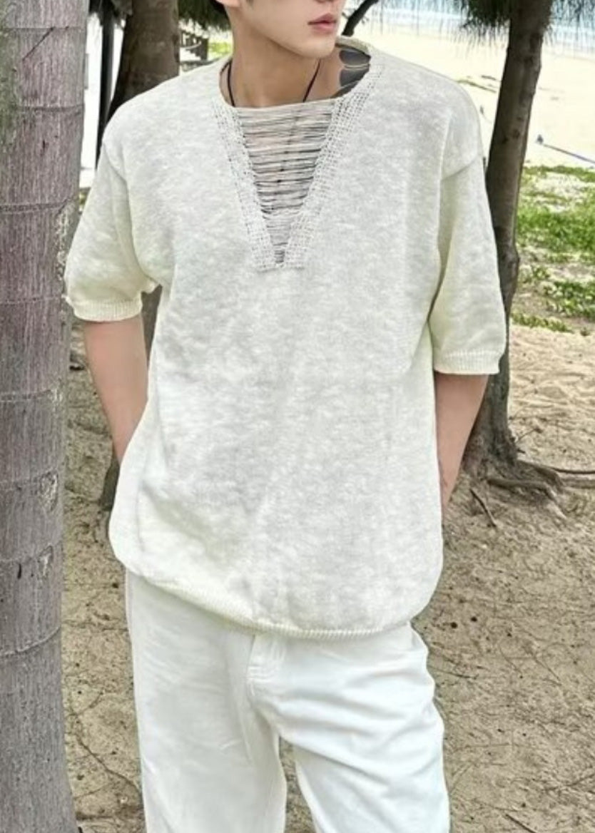 Ripped T Neck Men Cotton Summer Shirt Diy V White