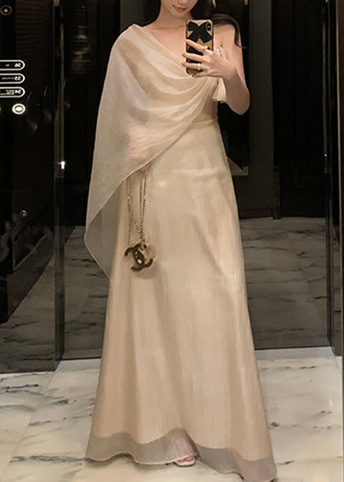 Maxi Dresses Elegant Solid Apricot Summer Asymmetrical Silk