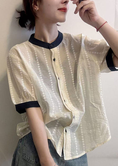 Cotton Apricot Summer Embroidered Elegant Button Shirts