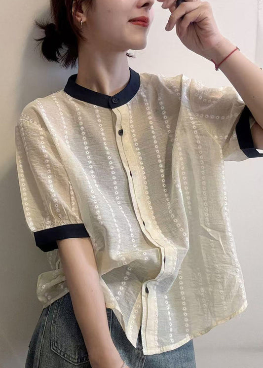 Cotton Apricot Summer Embroidered Elegant Button Shirts