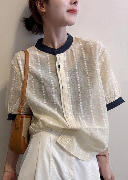 Cotton Apricot Summer Embroidered Elegant Button Shirts
