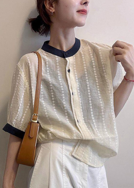 Cotton Apricot Summer Embroidered Elegant Button Shirts