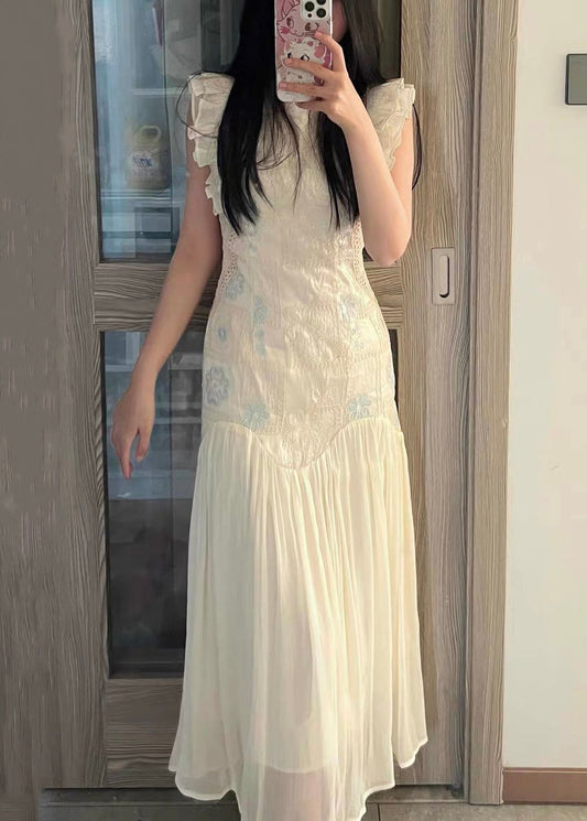 Elegant Summer Embroidered Patchwork Long Wrinkled Apricot Dress