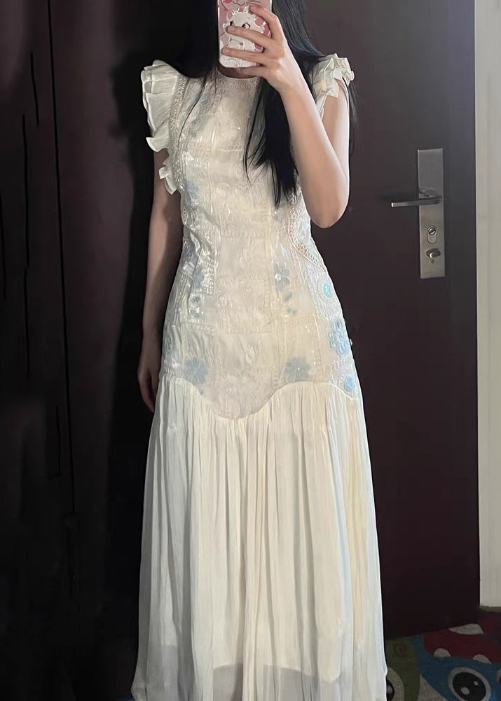 Elegant Summer Embroidered Patchwork Long Wrinkled Apricot Dress