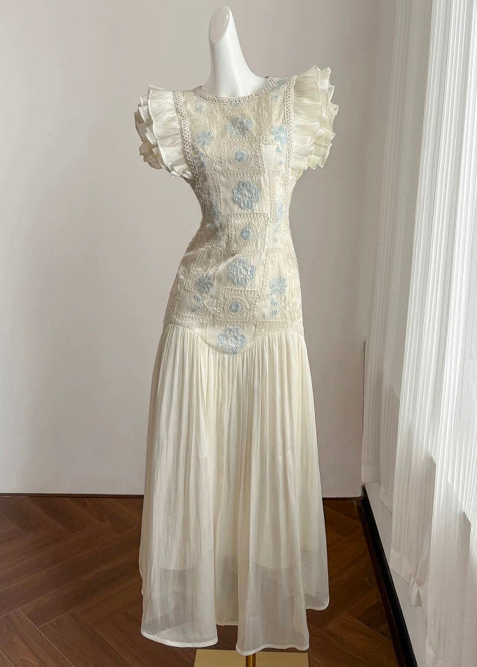 Elegant Summer Embroidered Patchwork Long Wrinkled Apricot Dress