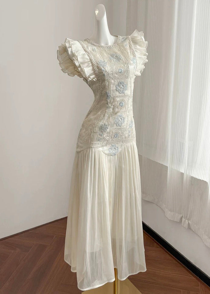 Elegant Summer Embroidered Patchwork Long Wrinkled Apricot Dress