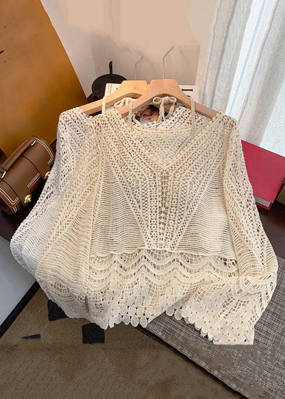 Two Set Out Pieces Up Elegant Spring Apricot Knit Lace Hollow