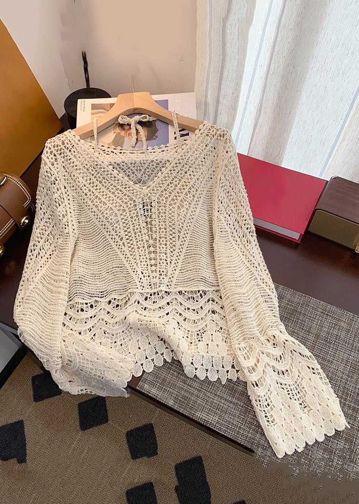 Two Set Out Pieces Up Elegant Spring Apricot Knit Lace Hollow