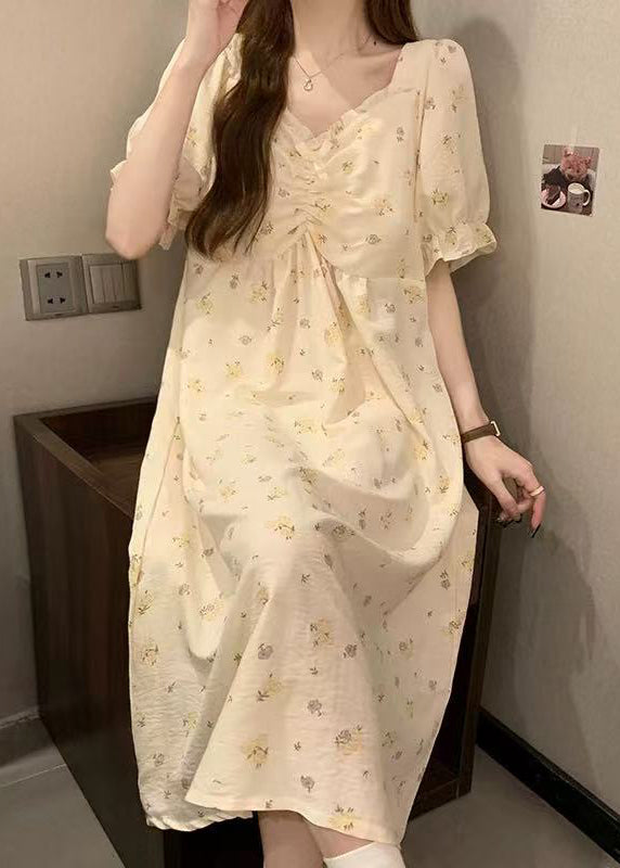 Elegant Apricot Print Ruffled Cotton Pajamas Dress V Neck Summer YK009