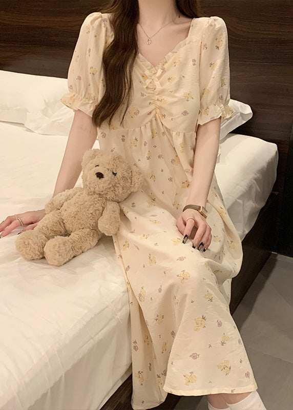 Elegant Apricot Print Ruffled Cotton Pajamas Dress V Neck Summer YK009