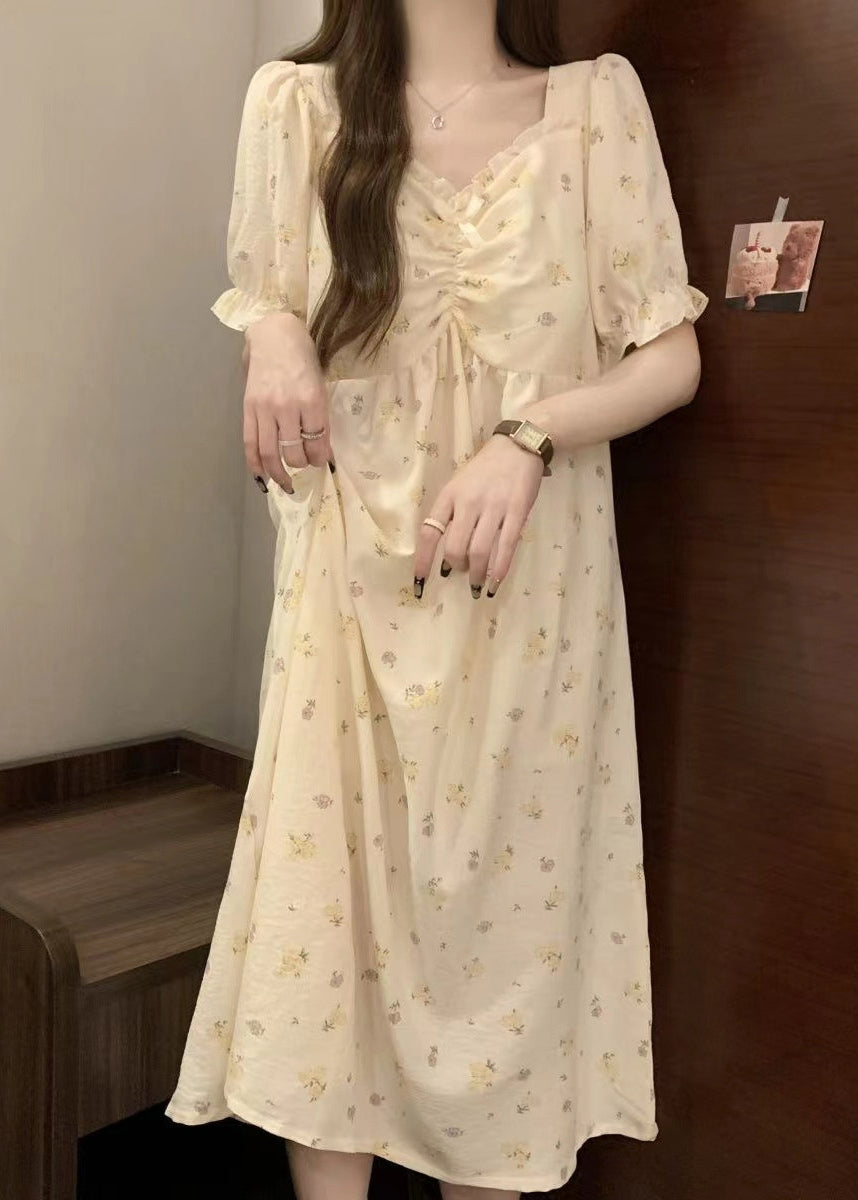 Elegant Apricot Print Ruffled Cotton Pajamas Dress V Neck Summer YK009