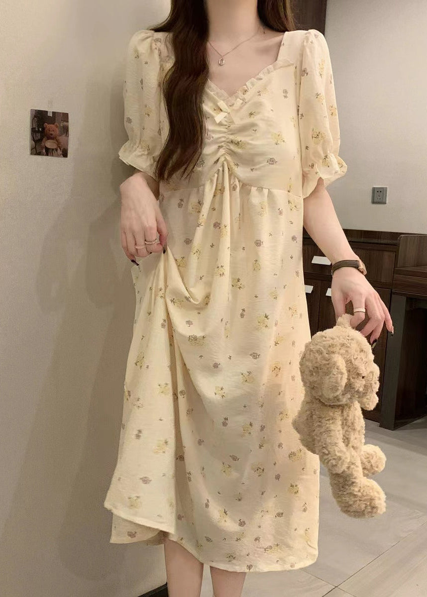 Elegant Apricot Print Ruffled Cotton Pajamas Dress V Neck Summer YK009