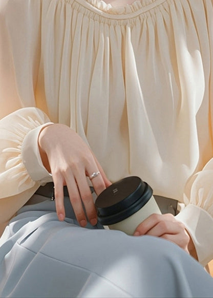 Elegant Apricot Ruffled Solid Chiffon Shirt Spring TY008