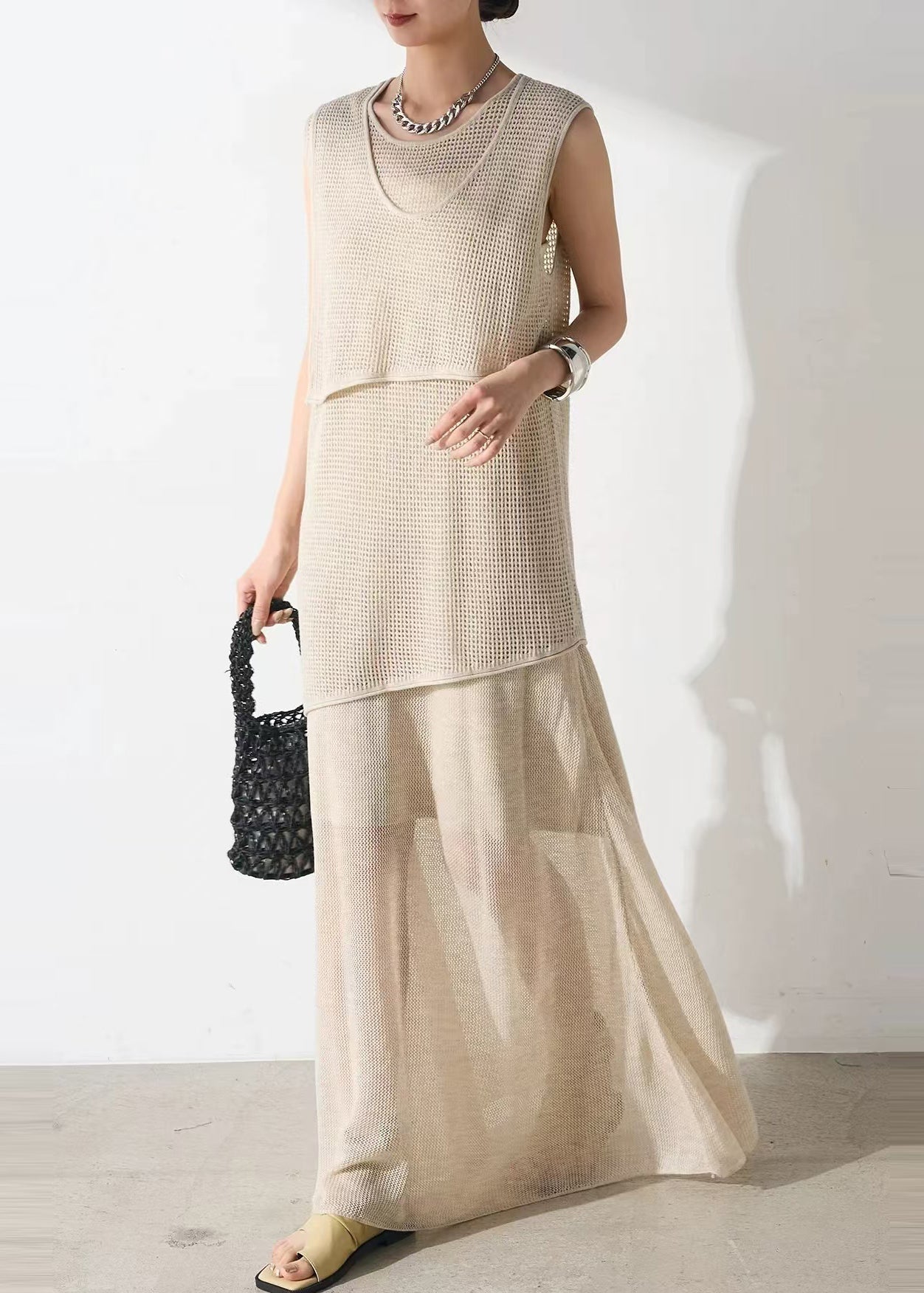 Tulle Outfits Piece Hollow Two Set Elegant Beige Asymmetrical Out