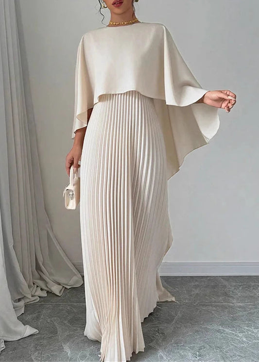 Long Dress Beige Sleeve Patchwork Asymmetrical Elegant Batwing